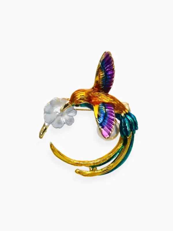 Брошь "Калибри с бусиной", цветная в золоте