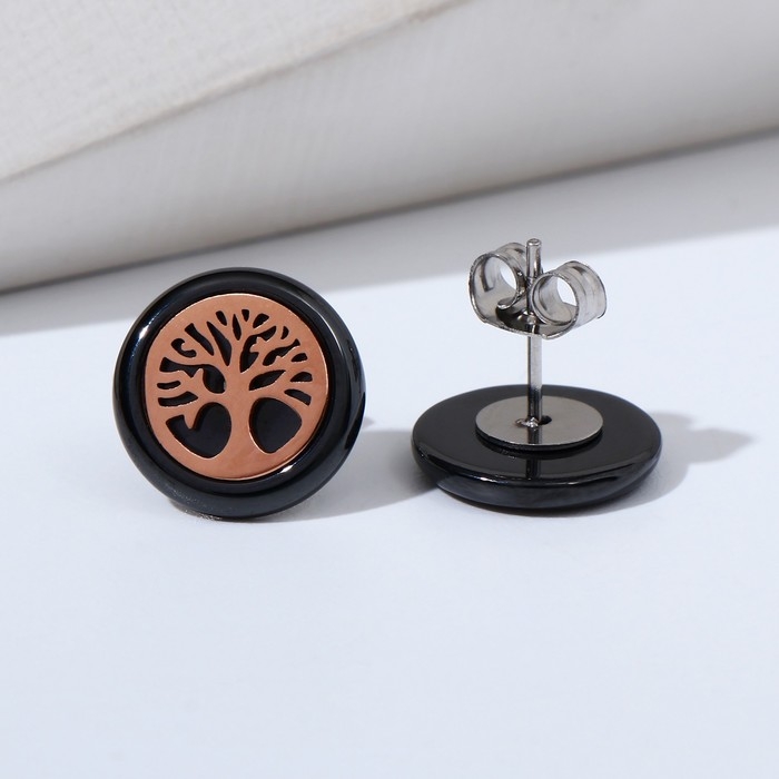 Пусеты керамика «Дерево жизни» цвет чёрный в золоте Пусеты керамика «Дерево жизни» цвет чёрный в золоте