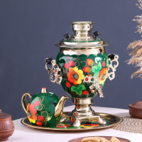 Набор &laquo;Маки на зелёном&raquo;, жёлудь, 3 предмета, самовар 3 л, заварочный чайник 0,7 л, поднос