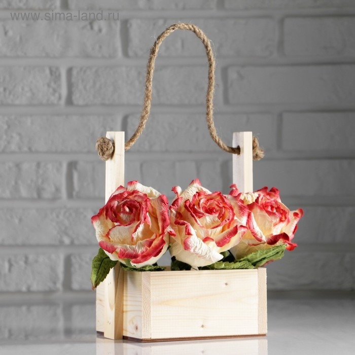 Кашпо деревянное 15×12×25 см Кашпо деревянное 15×12×25 см "Ажур", прямоугольное, ручка верёвка, натуральный Дарим Красиво
