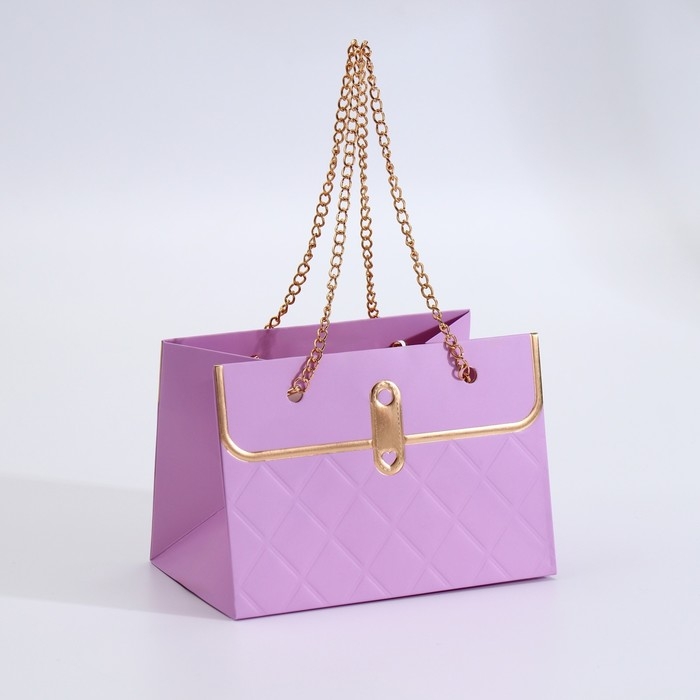 Пакет для цветов, ручка цепь, Пакет для цветов, ручка цепь, "Сиреневый", с золотым тиснением, 15 х 10,5 х 10 см