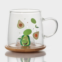 Кружка стеклянная с деревянной крышкой &laquo;Авокадо&raquo;, 350 мл, рисунок МИКС