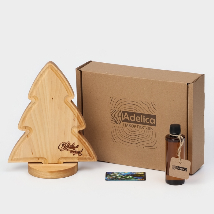 Подарочный набор деревянной посуды Adelica «С Новым Годом», сервировочная доска елочка на подставке 22×18 см, масло 100 мл, магнит, в подарочной коробке Подарочный набор деревянной посуды Adelica «С Новым Годом», сервировочная доска елочка на подставке 22×18 см, масло 100 мл, магнит, в подарочной коробке
