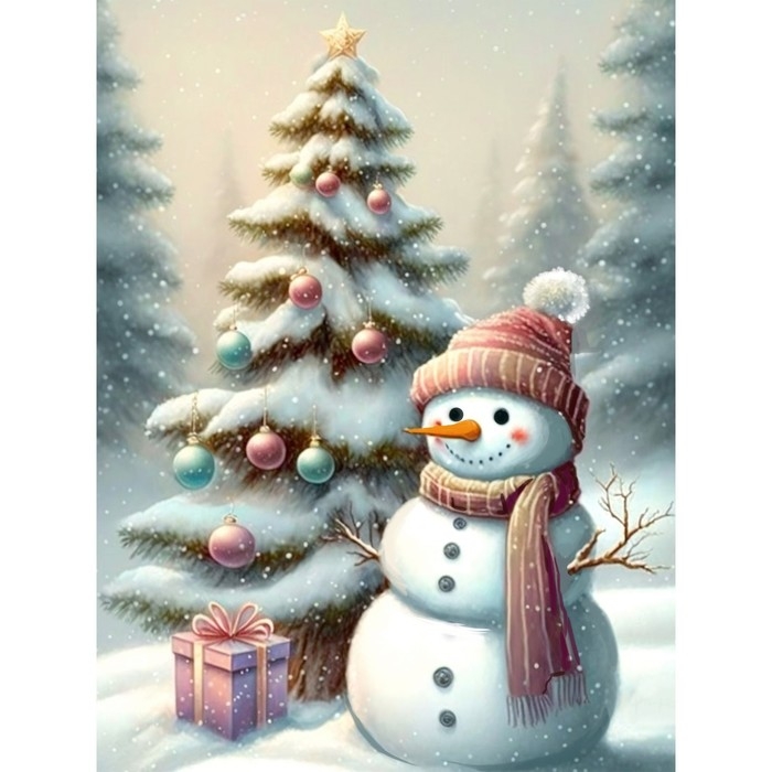 Новогодняя алмазная мозаика с частичным заполнением на холсте &laquo;Новый год. Снеговик&raquo;, 30 х 40 см