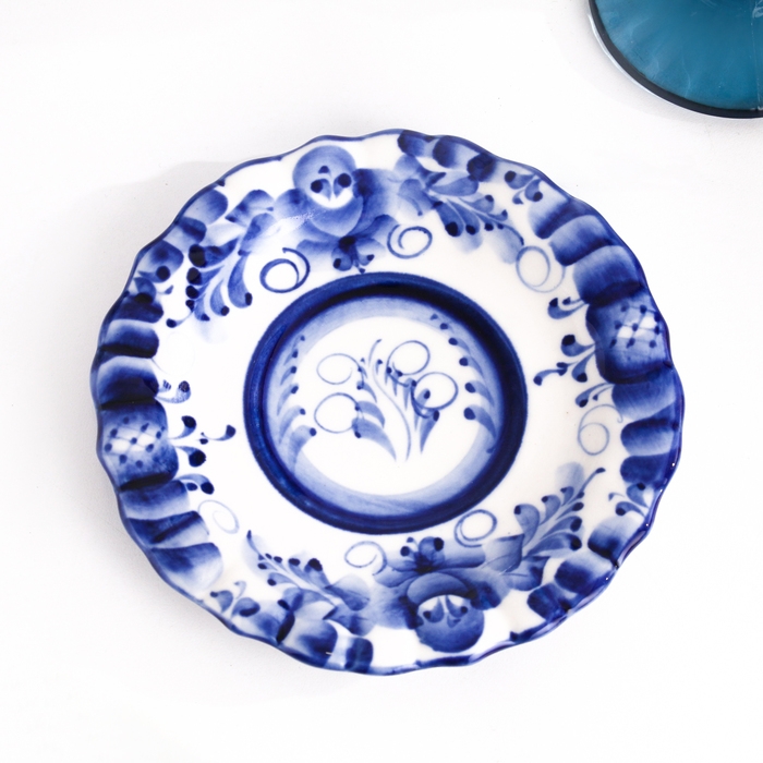 Блюдце гжель &laquo;Анемон&raquo;, бело-синий,керамика, D = 15 см,