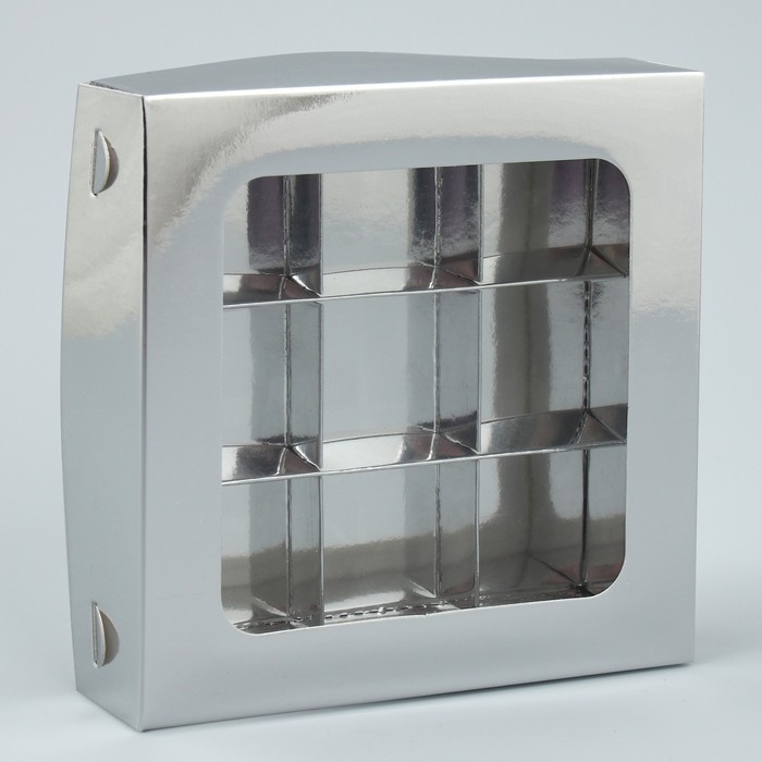 Коробка для конфет, кондитерская упаковка, 9 ячеек, &laquo;Серебристая&raquo;, 14.7 х 14.7 х 3.5 см