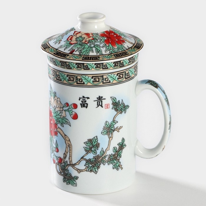 Кружка керамическая с крышкой и ситом &laquo;Птицы в пионах&raquo;, 300 мл