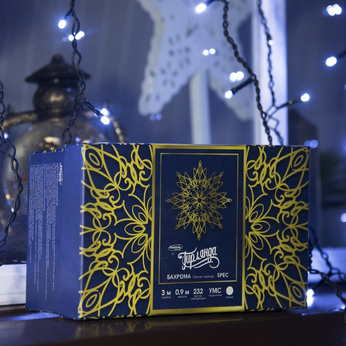 Гирлянда «Бахрома» 3 × 0.9 м, IP44, УМС, тёмная нить, 232 LED, свечение белое, 220 В Гирлянда «Бахрома» 3 × 0.9 м, IP44, УМС, тёмная нить, 232 LED, свечение белое, 220 В