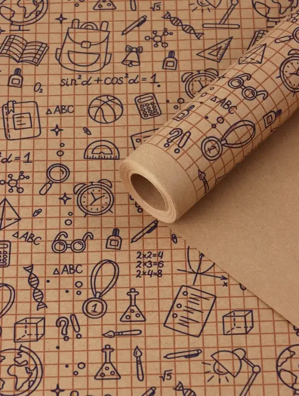 Бумага упаковочная крафт &laquo;Школьная пора&raquo;, коричневый/синий на коричневом фоне 0.7&times;10&plusmn;5%м