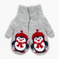 Новый год. Варежки двойные детские, цвет серый/пингвин, размер 10 (0-3 года)
