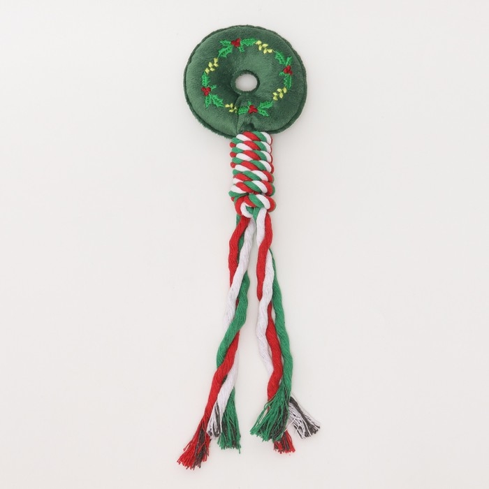 Игрушка пищащая, мягкая для собак Игрушка пищащая, мягкая для собак "Новогодний пончик" с канатом, 32 см