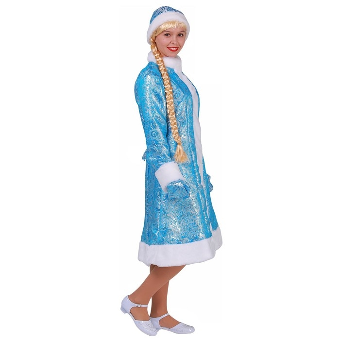Карнавальный костюм &laquo;Снегурочка из парчи&raquo;, голубая шубка, шапочка, рукавички, р. 48