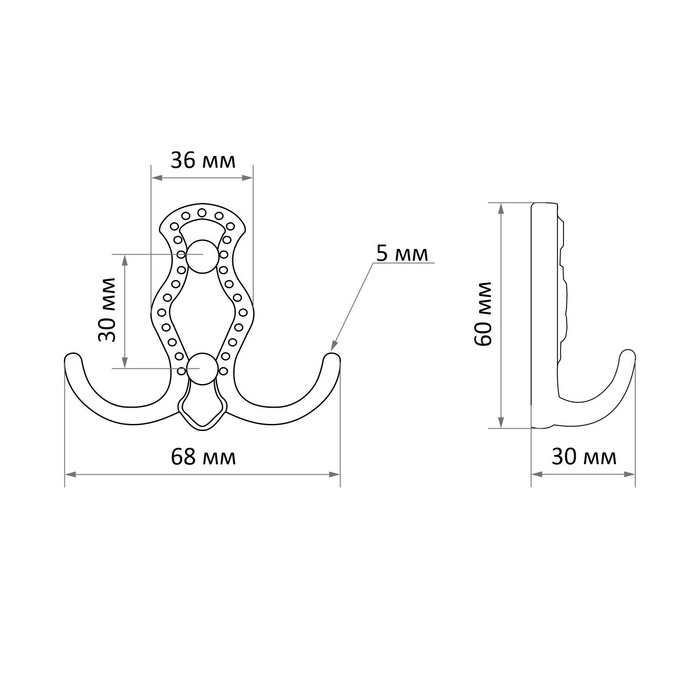 Крючок мебельный ТУНДРА TKD023, двухрожковый, золото