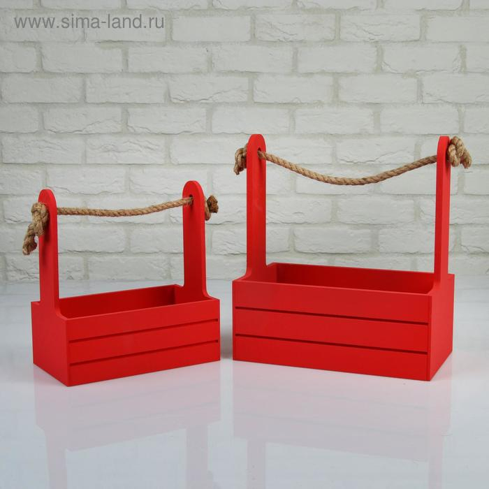 Набор кашпо деревянных 2 в 1 (25×15×30; 21×12×23 см) Набор кашпо деревянных 2 в 1 (25×15×30; 21×12×23 см) "Dear", ручка канат, красный