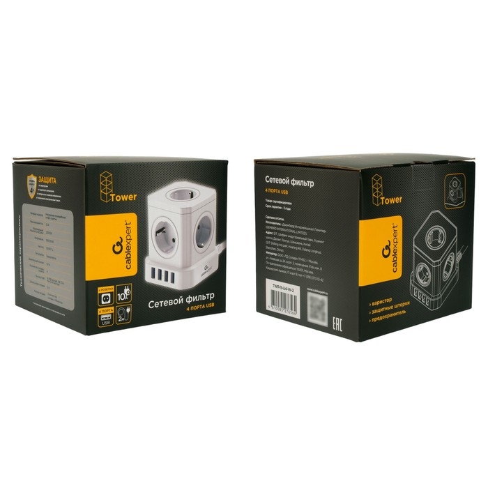 Сетевой фильтр Cablexpert Tower TWR-5-U4-W-2, 5р, 10А, 4хUSB, 3.1А, 2м, ур.защиты 4+, белый, 1030905