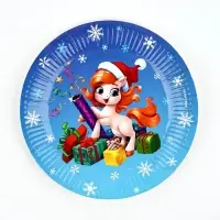 Тарелка бумажная "Лошадка в шапке" ,  голубая 18 см