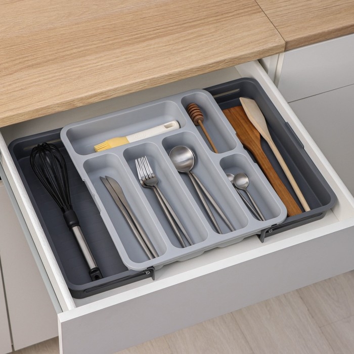 Лоток для столовых приборов, раздвижной, 31&times;35,5&times;5,5 см, 5 отделений, цвет серый
