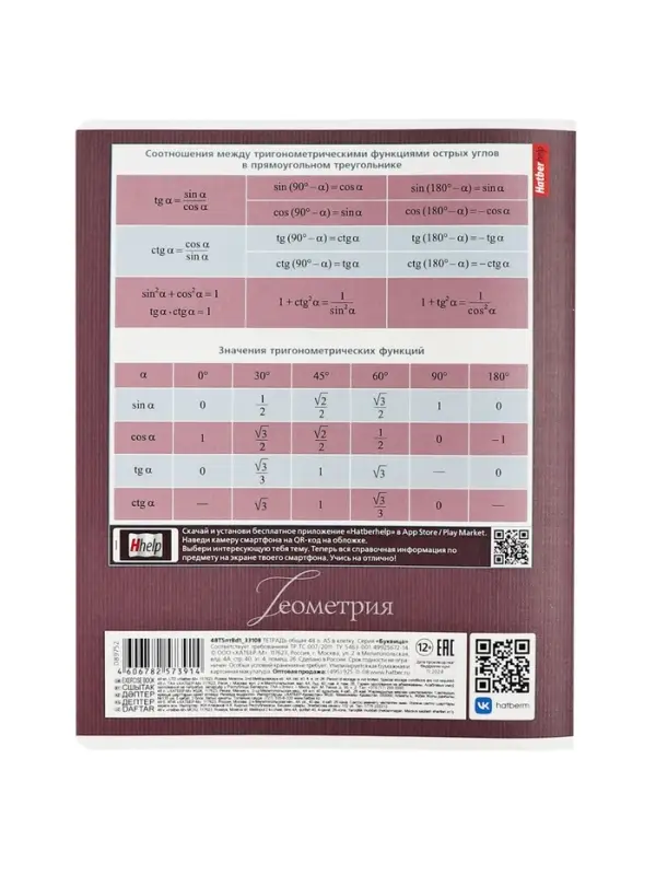 Тетрадь 48 листов в клетку &laquo;Буквица&raquo; ГЕОМЕТРИЯ, обложка мелованный картон, матовая ламинация, тиснение фольгой, с интерактивным справочником...