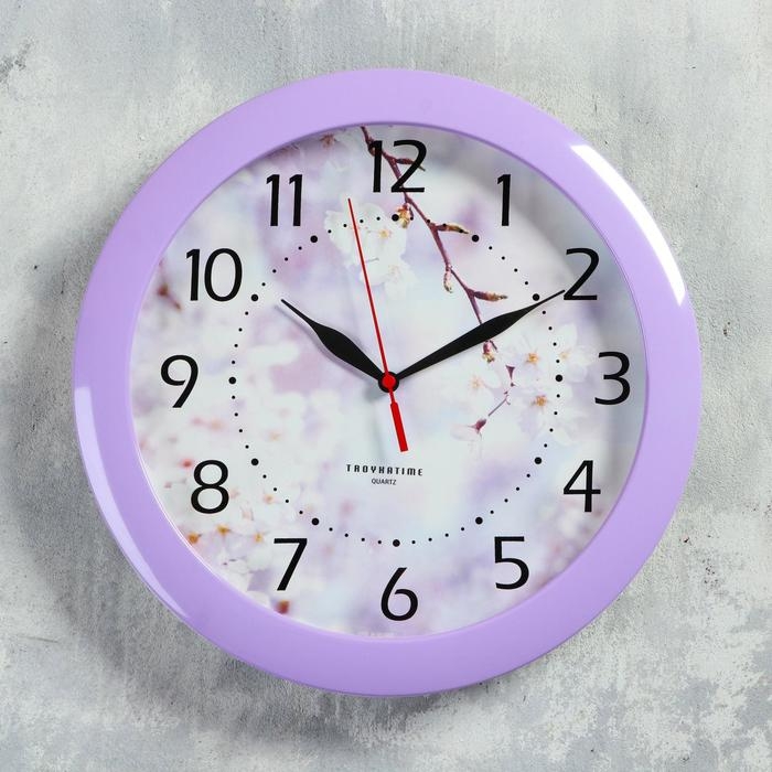 Часы настенные, серия: Цветы, Часы настенные, серия: Цветы, "Цветущее дерево", плавный ход, d-29 см, сиреневый обод
