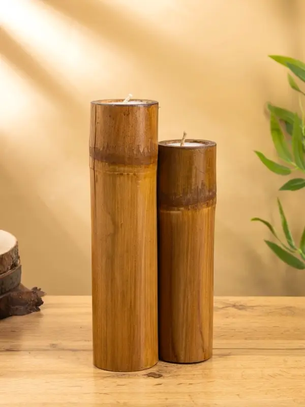 Свеча в бамбуке тройная, 14&times;15&times;30 см, 100 мл, бежевая