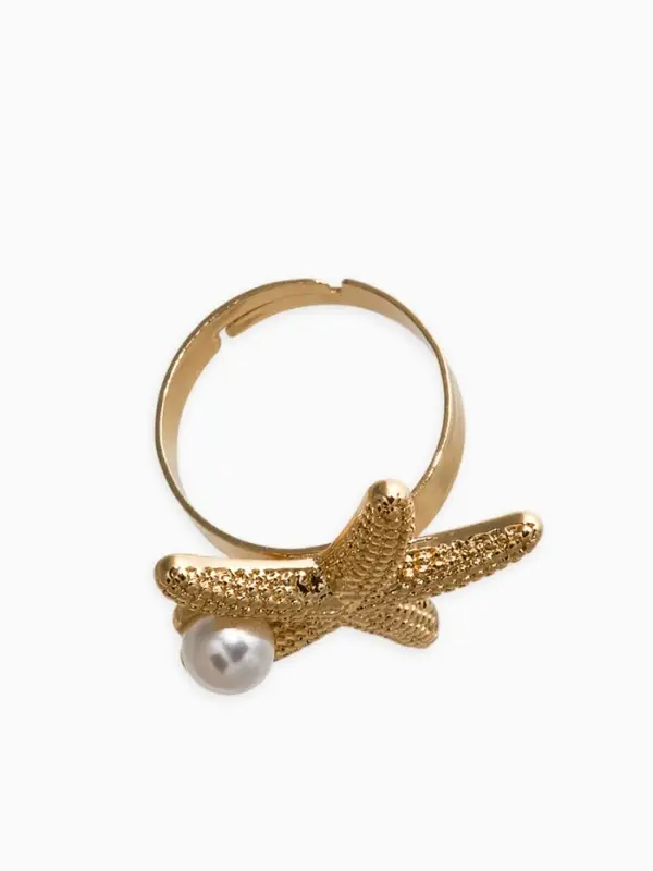 Кольцо "Морская звезда" с бусиной, безразмерное, цвет белый в золоте