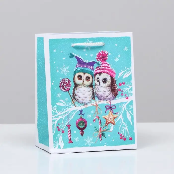 Пакет подарочный "Совы на ветке", 11,5 х 14,5 х 6,5 см