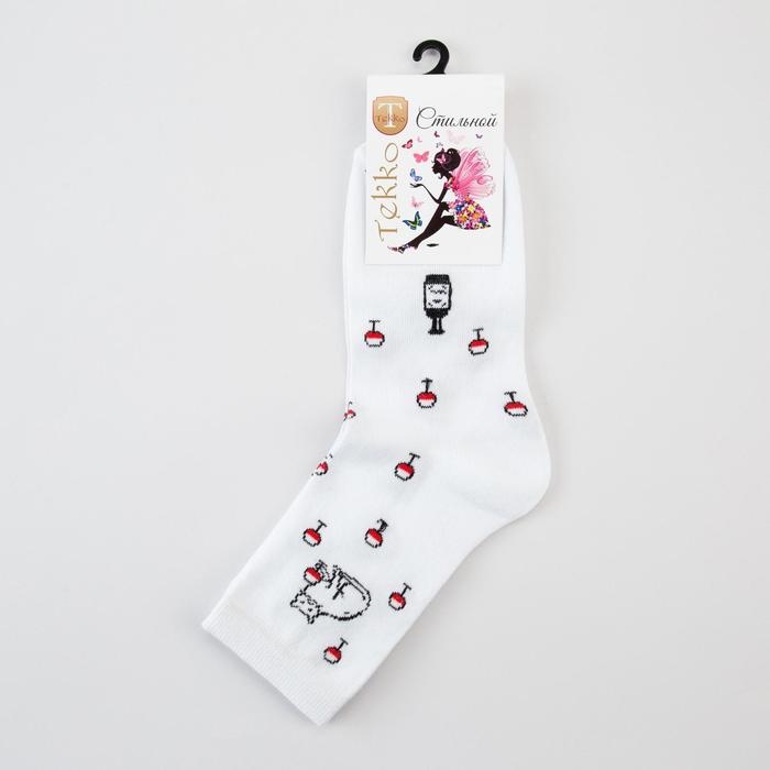 Носки женские &laquo;Киска с бокалом&raquo; цвет белый, размер 23-25