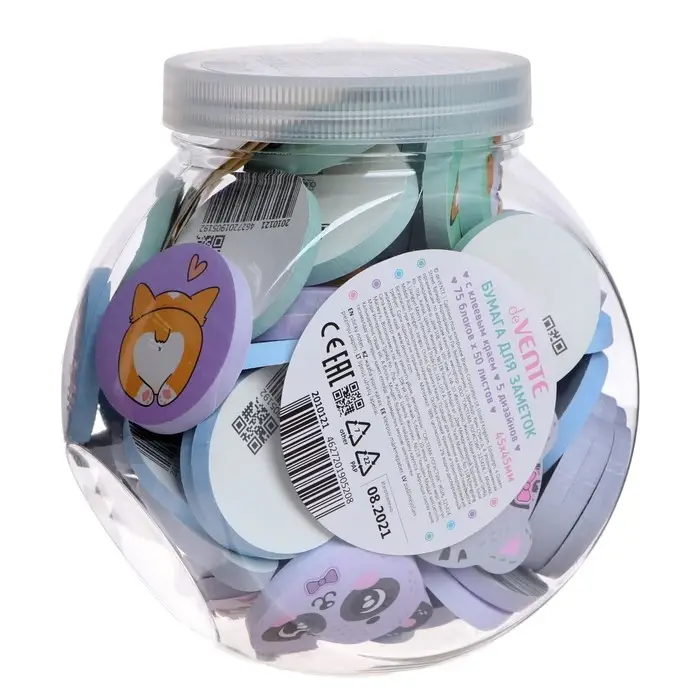 Блок с липким краем фигурный 45 х 45 мм, 50 листов 80 г/м2, deVENTE "Cute", МИКС х 4 цвета, в банке, цена за 1 штуку!