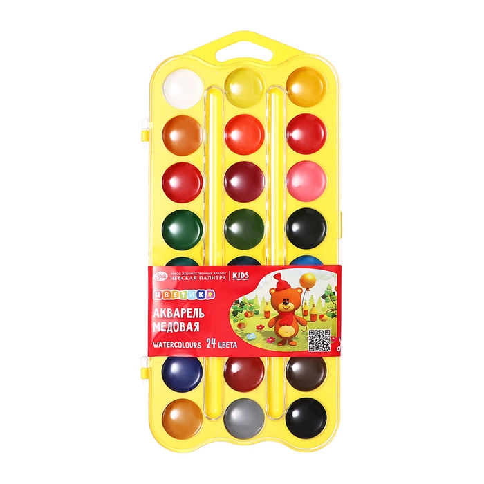 Акварель медовая 24 цвета, ЗХК "Цветик", без кисти, жёлтый пластиковый футляр с петлей, 27421678