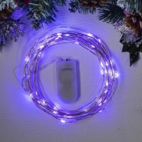 Гирлянда &laquo;Нить&raquo; 5 м роса, IP20, серебристая нить, 50 LED, батарейки CR2032х2 (в комплекте), свечение фиолетовое