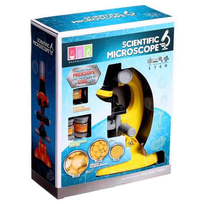 Микроскоп детский &laquo;Юный ботаник&raquo; кратность х100, х400, х1200, желтый, подсветка