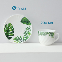 Сервиз чайный &laquo;Лист папоротника&raquo;, 12 предметов: чашка 200 мл, блюдце d=14 см, стеклокерамика, цвет белый