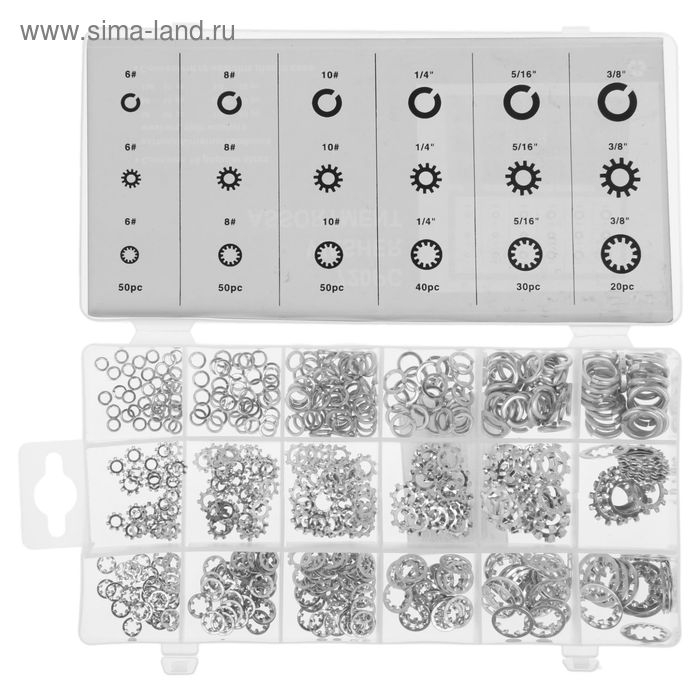 Набор шайб, 18 видов: гровер, зубчатые, стопорные, многолапчатые, 720 шт Набор шайб, 18 видов: гровер, зубчатые, стопорные, многолапчатые, 720 шт