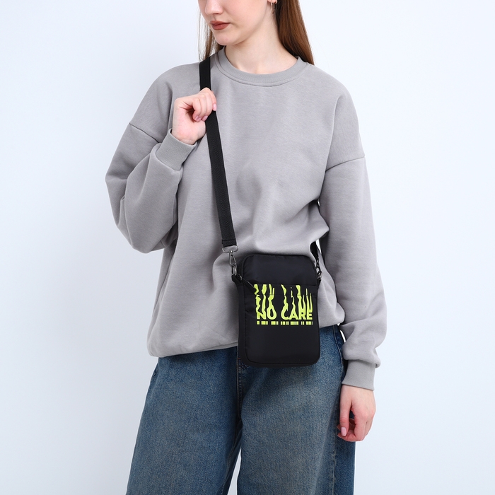 Сумка молодёжная на длинном ремне No care, 20 х 15 х 3 см, отдел на молнии, цвет чёрный