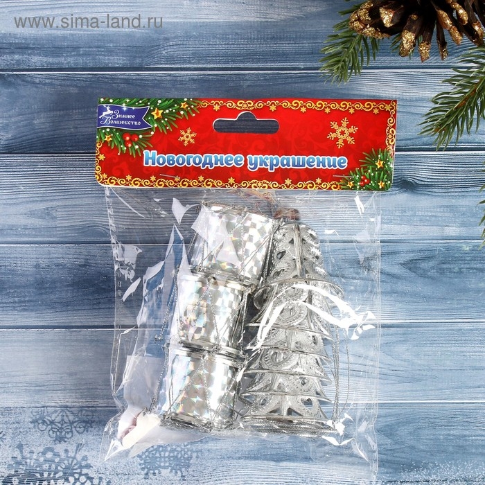 Набор украшений пластик 9 шт "Кружева" (6 колокольчиков, 3 барабана) серебро