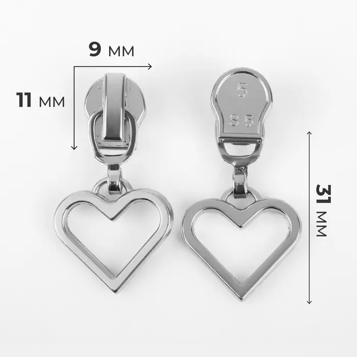 Бегунок автоматический для молнии &laquo;Спираль&raquo;, №5, декоративный &laquo;Сердце&raquo;, 10 шт., цвет никель