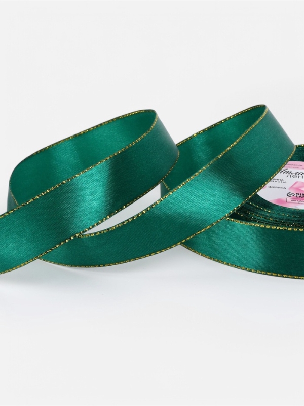Лента атласная, с золотым люрексом, 25 мм, 23±1 м, зелёная №168 Лента атласная, с золотым люрексом, 25 мм, 23±1 м, зелёная №168