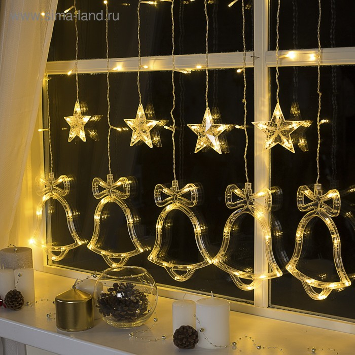 Гирлянда &laquo;Бахрома&raquo; 2.4 &times; 0.9 м с насадками &laquo;Колокольчики&raquo;, IP20, прозрачная нить, 138 LED, свечение тёплое белое, 8 режимов, 220 В