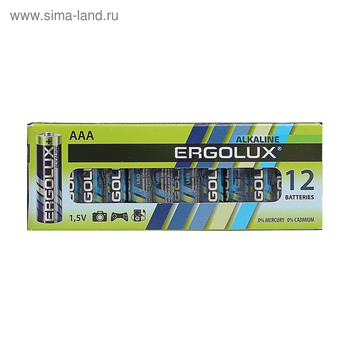 Батарейка алкалиновая Ergolux, AAA, LR03-12BOX (LR03 BP-12), 1.5В, набор 12 шт.