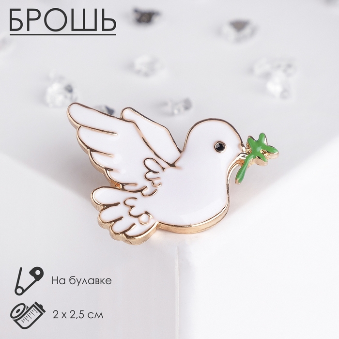 Брошь &laquo;Птица&raquo; голубка, цвет бело-зелёный в золоте