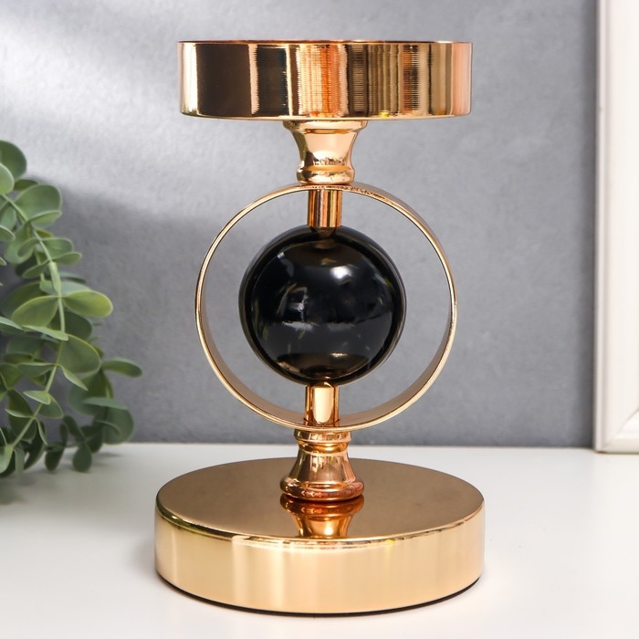 Подсвечник металл на 1 свечу "Чёрный мраморный шар в сфере" золото 18,5х12х12 см