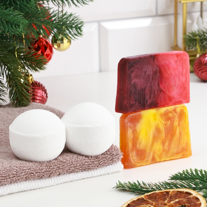 Набор 2 бомбочки Набор 2 бомбочки "Роза, Персик" и 2 мыла "Апельсин-Корица-Кофе, Брусника"