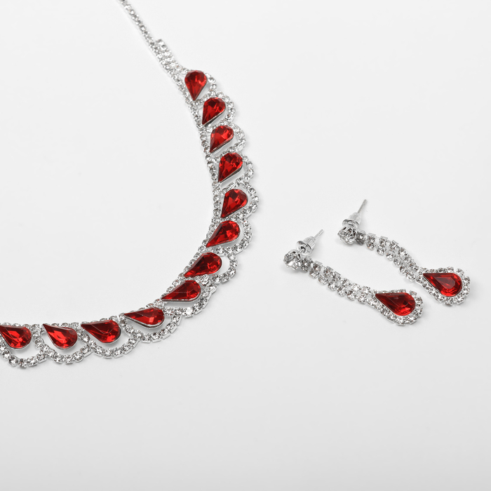 Набор 2 предмета: серьги, колье &laquo;Листопад&raquo; капли, цвет красно-белый в серебре, 45см