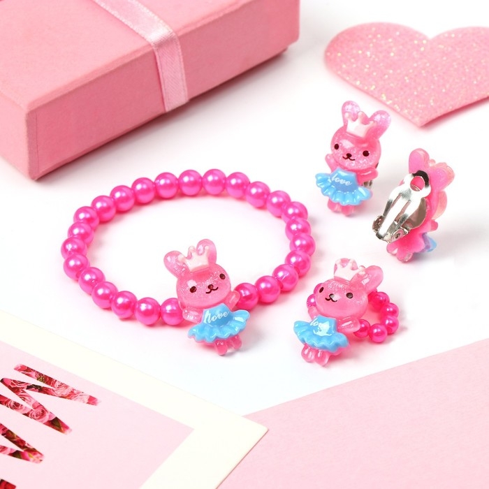 Набор детский &laquo;Выбражулька&raquo; 3 предмета: клипсы, браслет, кольцо, зайка, цвет МИКС