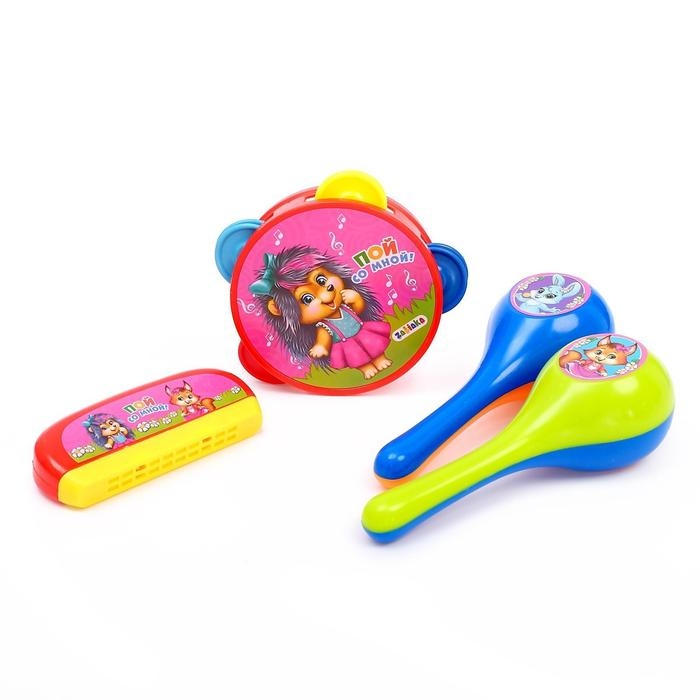 Набор музыкальных инструментов &laquo;Пой со мной&raquo;: бубен, 2 маракаса, губная гармошка, МИКС