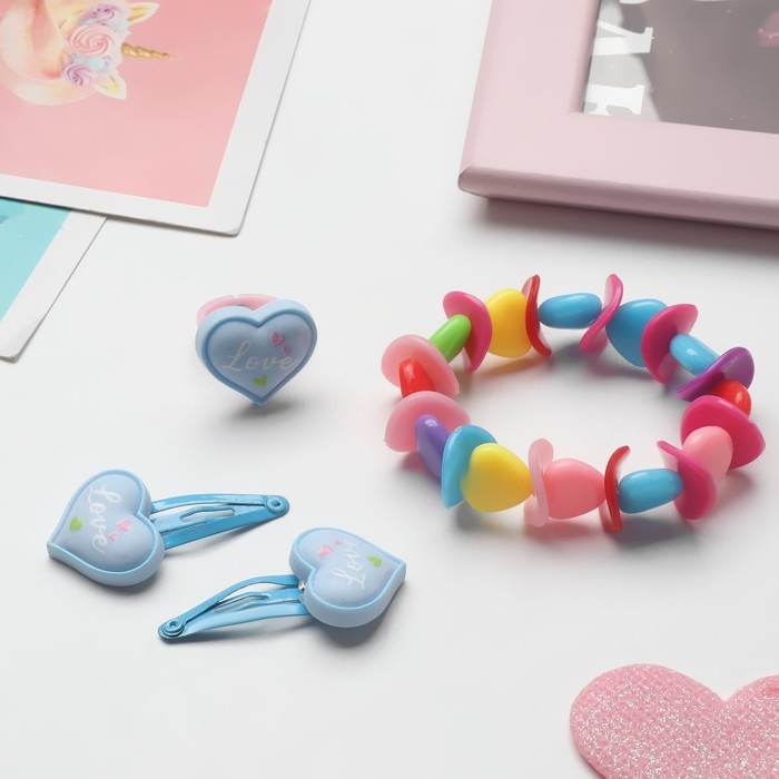 Комплект детский &laquo;Выбражулька&raquo; 4 предмета: 2 заколки, браслет, кольцо &laquo;Горошек&raquo;, форма МИКС, цвет МИКС