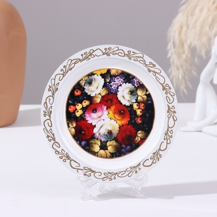 Панно-тарелка &laquo;Жостово&raquo;, белая, D = 14,8 см, лаковая миниатюра