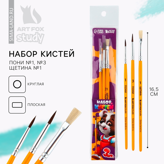Кисть для рисования набор 3 шт. пони №1, №3, щетина №1 для школы