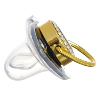 Соска - пустышка силиконовая ортодонтическая &laquo;Маленький БОСС&raquo;, от 6 мес., с колпачком + держатель - цепочка, цвет черный/золото, стразы