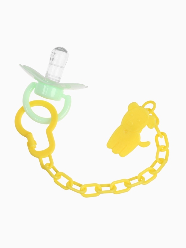 Пустышка классическая, с держателем, +0мес., цвет зеленый/желтый